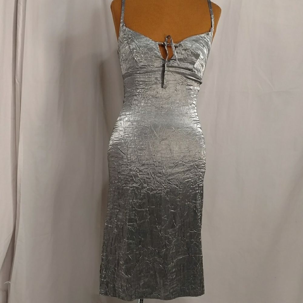 Shimmery Pewter Silver Elise Ryan UK Dress Bodycon Sexy Eye Catching See Measure